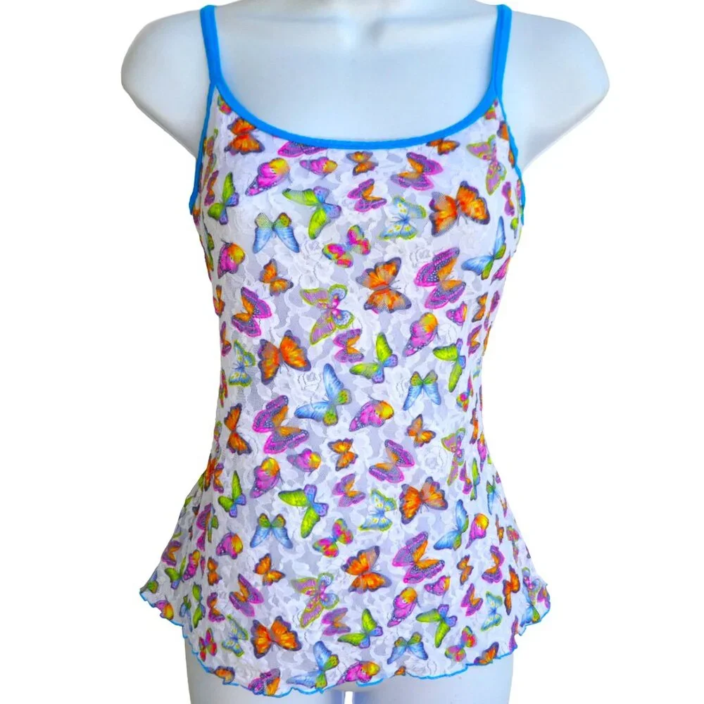 Vintage USA 90s Y2K Hanky Panky Nylon Lace Cami Top Butterflies Adj Straps Sheer